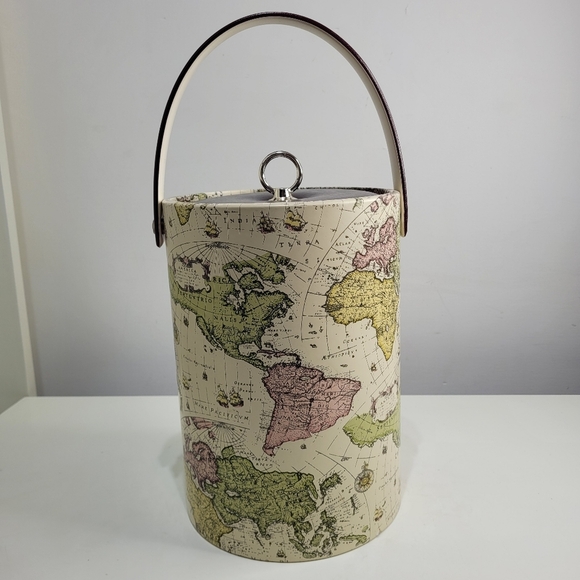 MCM World Map Ice Bucket 11" H x 8" Round Mid century Vintage Item - Picture 3 of 11